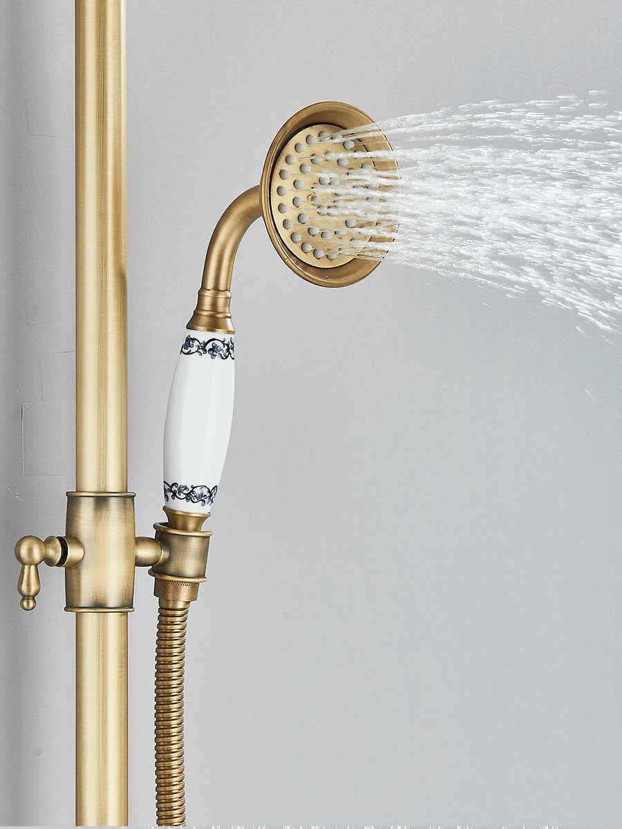 Retro Shower System Antique Brass Rainfall Shower Handheld