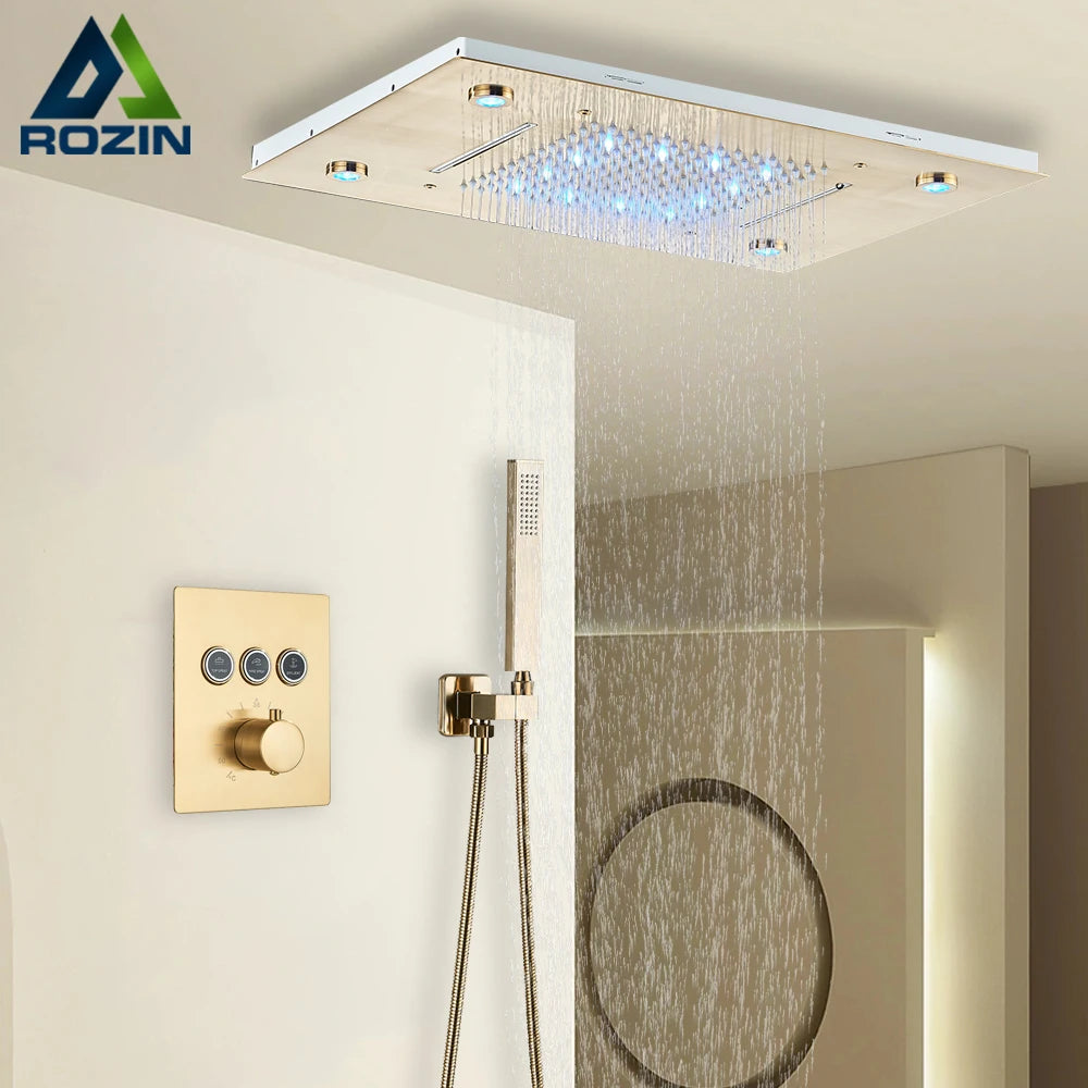 Black Thermostatic Bathroom Shower Faucet Remote Led Rainfall