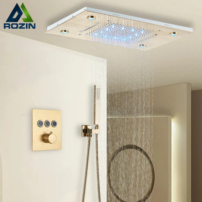 Black Thermostatic Bathroom Shower Faucet Remote Led Rainfall
