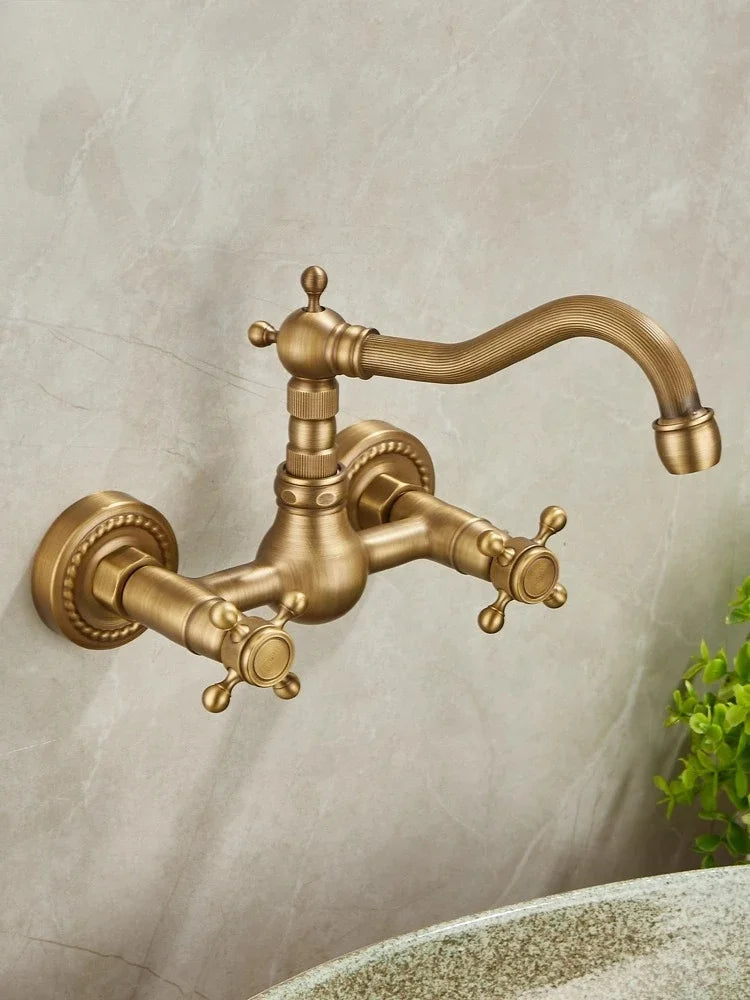 Brass Antique Wall Mounted Washbasin Faucets Double Handle
