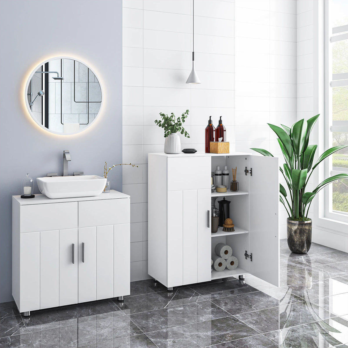 Eugad White Bathroom Cabinet Adjustable Shelves Doors