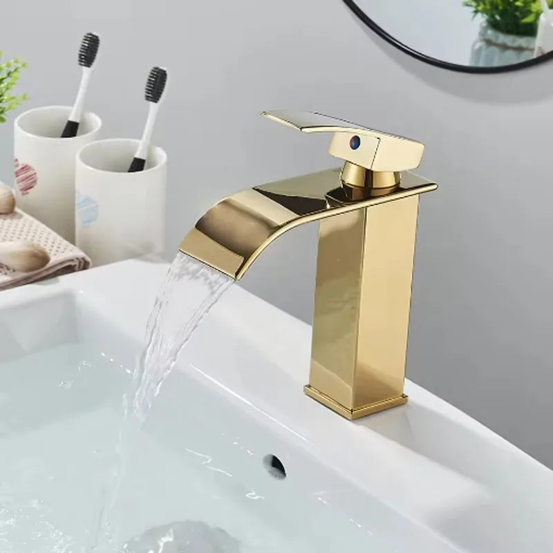 Brushed Golden Basin Faucets Elegant Waterfall Bathroom Sink