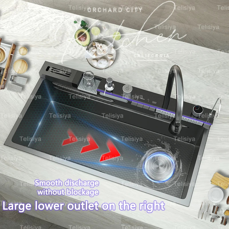 Stainless Steel Sink Digital Display Waterfall Large Slot