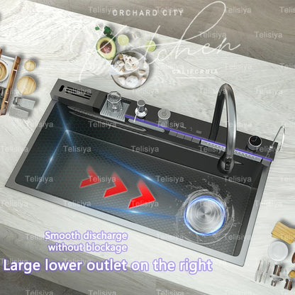 Stainless Steel Sink Digital Display Waterfall Large Slot