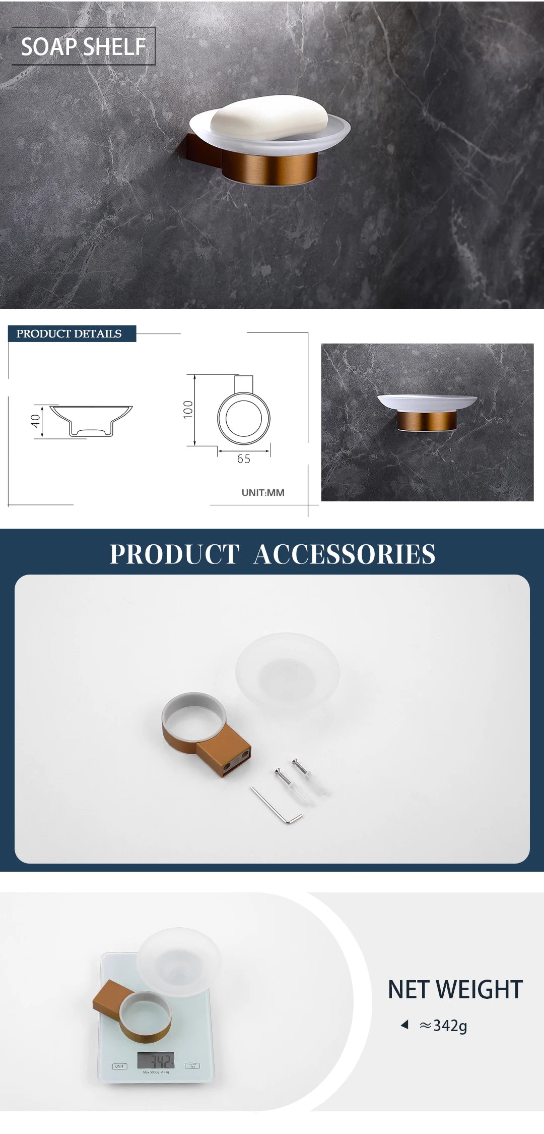 Brushed Rose Gold Wall Mount Shelf Toilet Bath