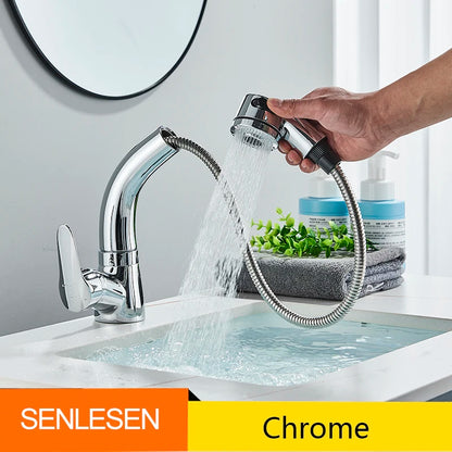 Bathroom Sink Faucet Pull Out Sprayer Deck Mounted