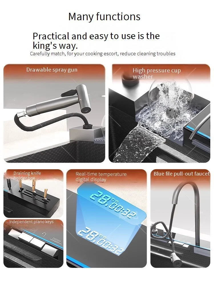 Stainless Steel Waterfall Sink Extra Large Bowl Digital