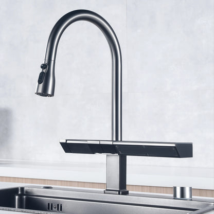Luxury Digital Display Brass Grey Faucet Pull-Out Design