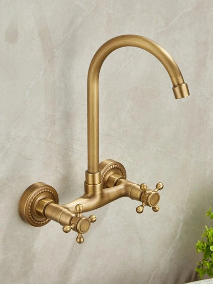Brass Antique Wall Mounted Washbasin Faucets Double Handle