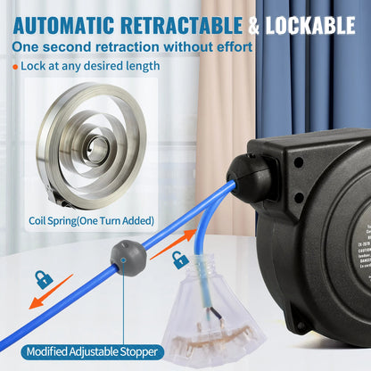 Succebuy Retractable Extension Cord Reel 30ft Lighted Triple