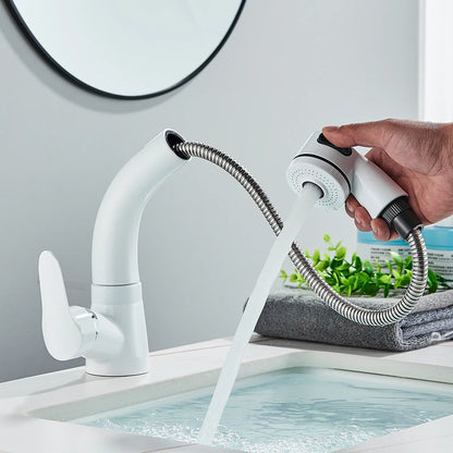 White Pull Out Bathroom Sink Faucet Cold Water