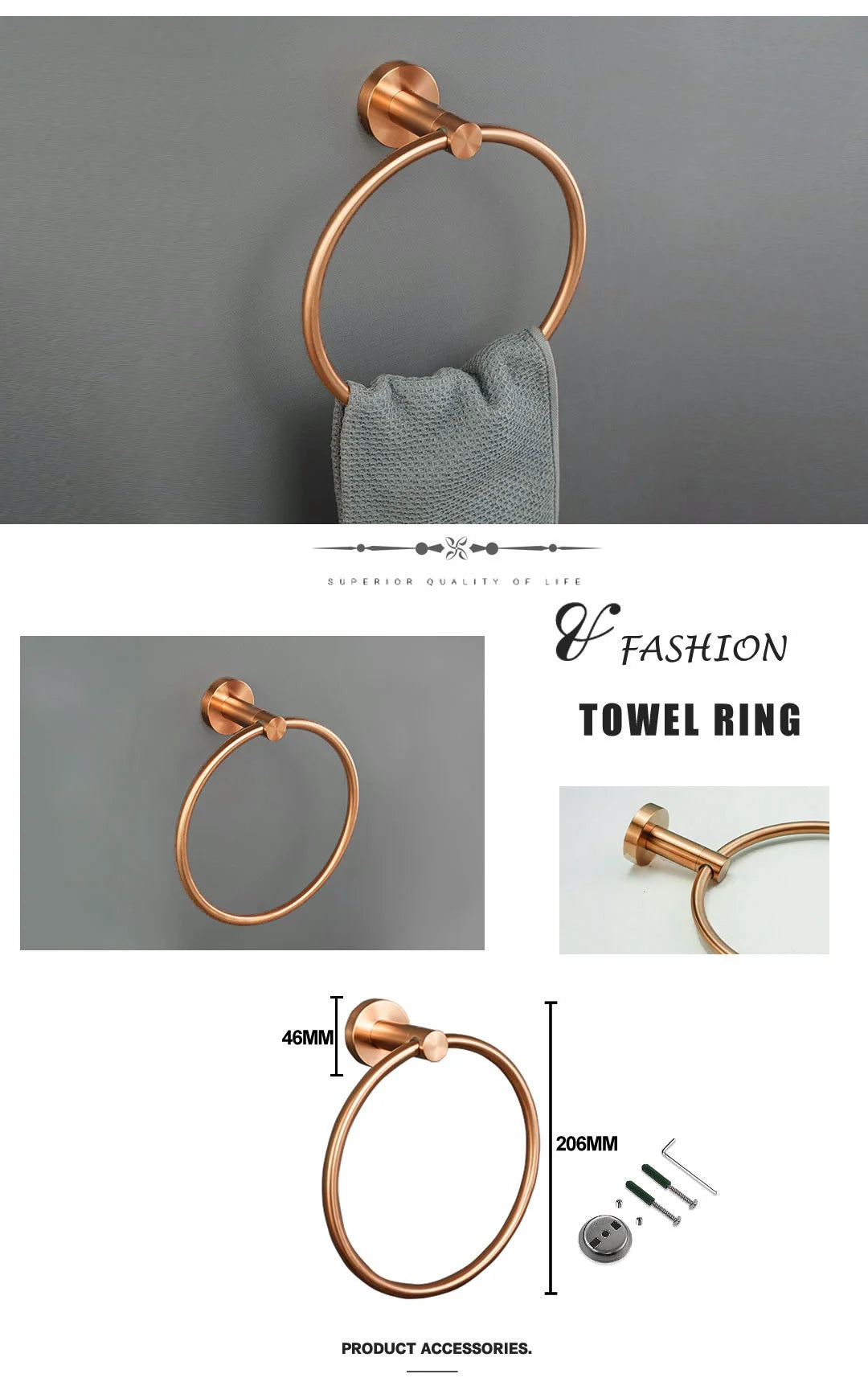 High Quality Brushed Rose Gold Bathroom Pendant Towel