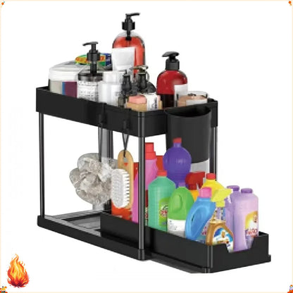 Tier Under Sink Organizer Sliding Storage Rack Hooks