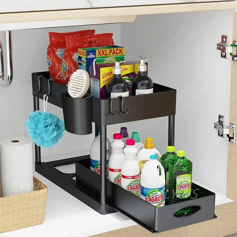 Tier Under Sink Organizer Sliding Storage Rack Hooks
