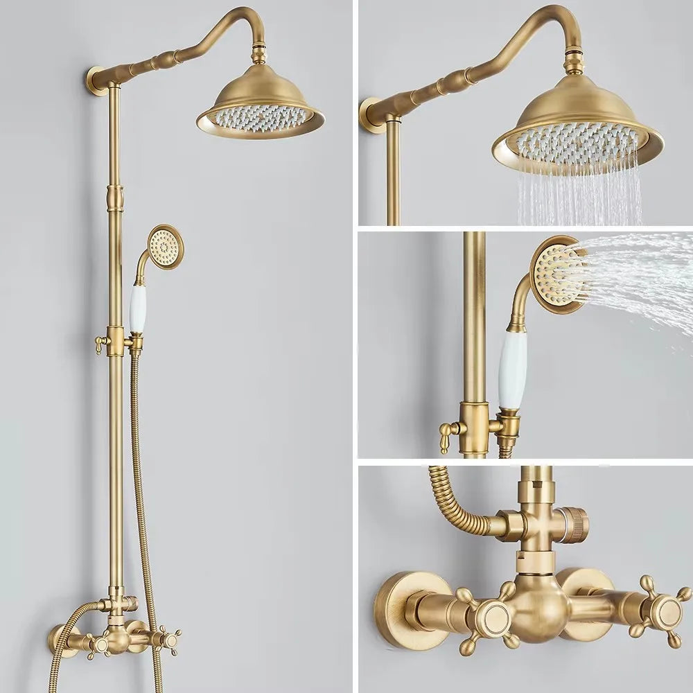 Antique Brass Shower Faucet Rainfall Head Shower Handshower