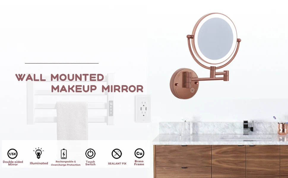 Rose Gold Touch On Led Folding Bathroom Mirror