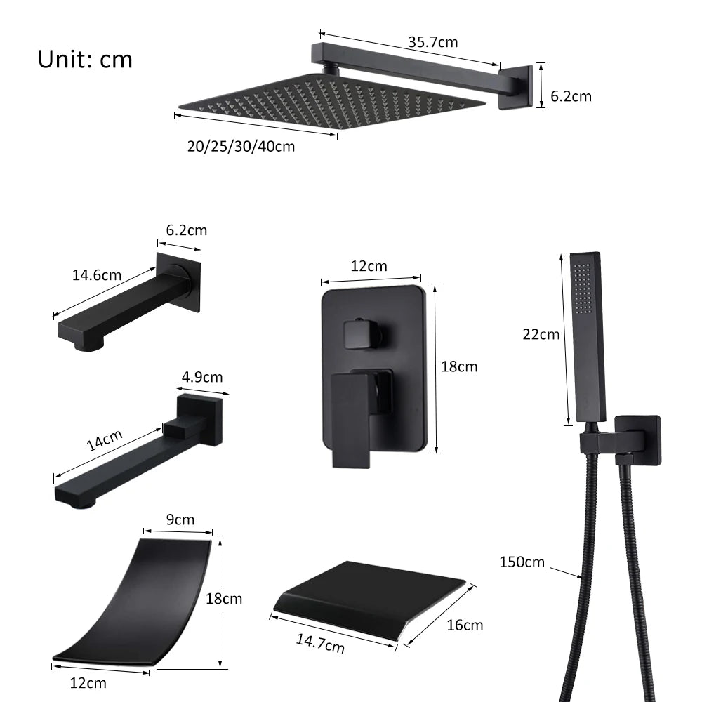 Black Concealed Shower System Rain Waterfall Bathroom Embedded