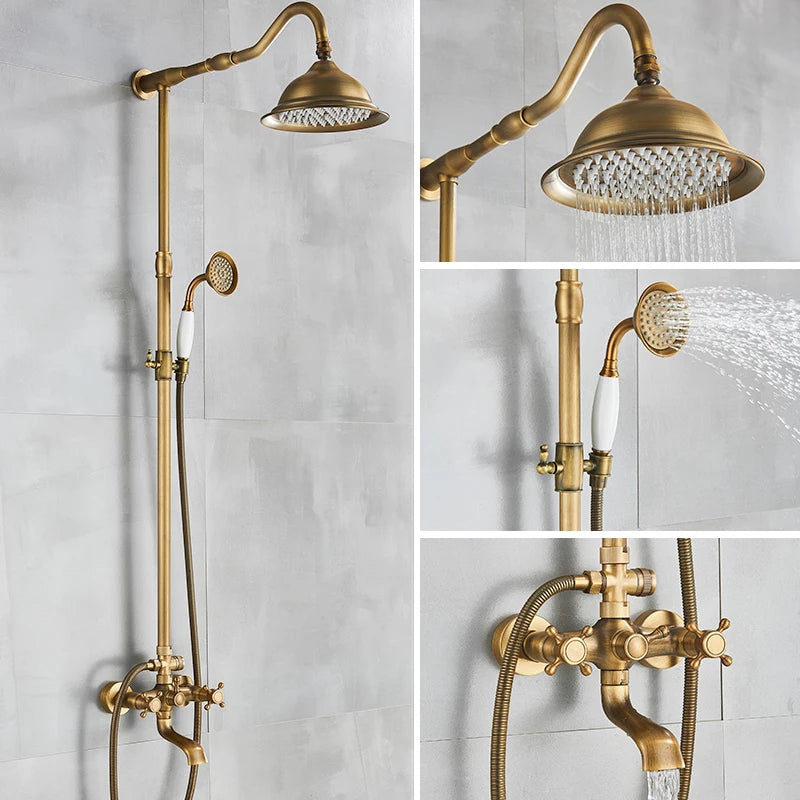 Quyanre Antique Brass Shower Faucets Wall Mount Rainfall