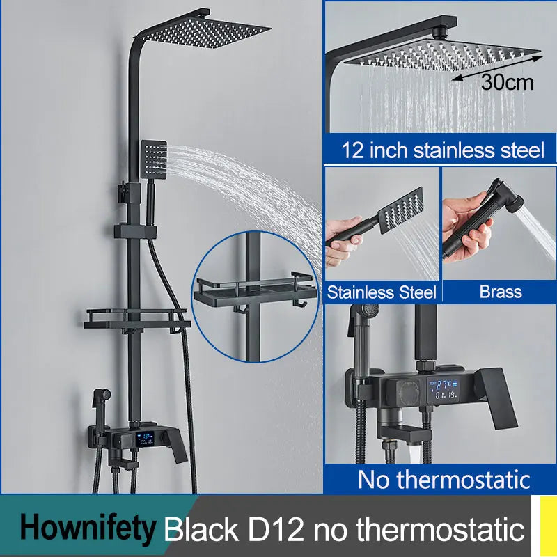 Black Thermostatic Shower Faucets Digital Display Screen Cold