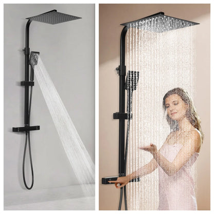 Black Rainfall Shower Thermostat Bathroom Wall Mounted 30cm