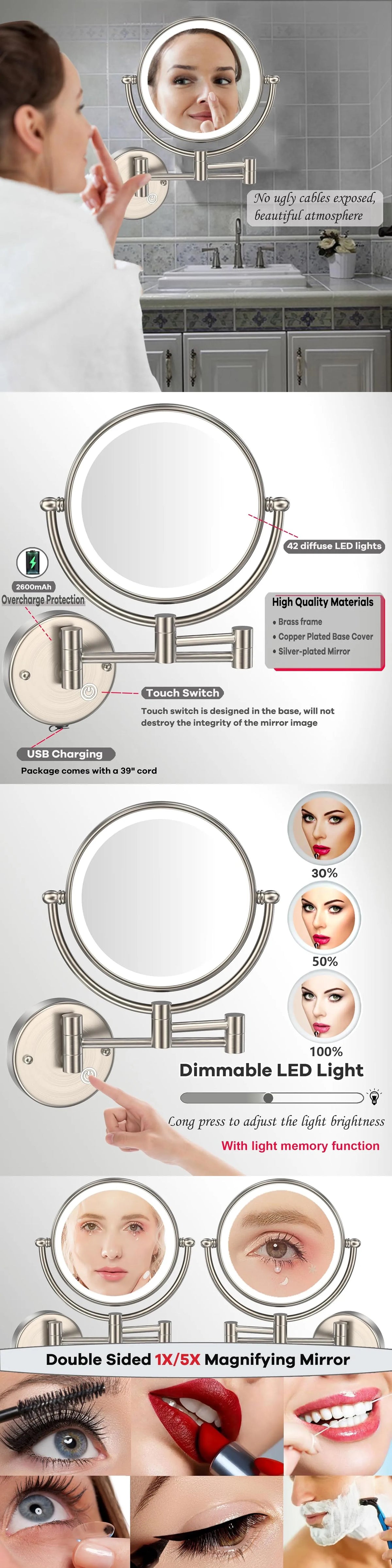 Brushed Gold Led Folding Touch Bathroom Mirrors Of