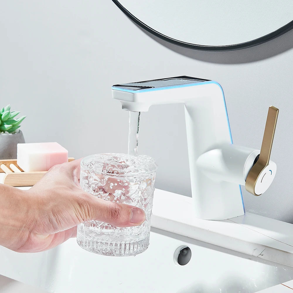 White Display Screen Bathroom Basin Sink Faucet 2-Ways