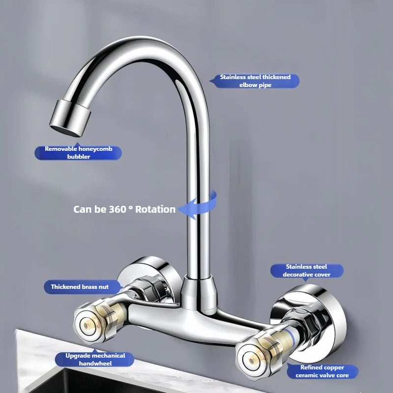 Wall Mounted Mixer Tap Double Handle Faucet Cold