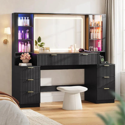 Hauoms Big Vanity Fluted Wood Makeup Vanity Desk