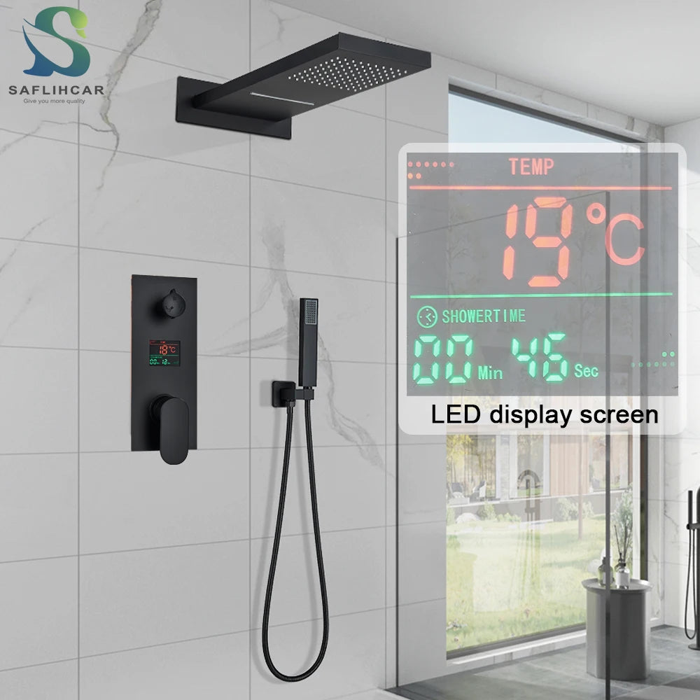 Black Bathroom Thermostatic Faucet Rainfall Waterfall Shower