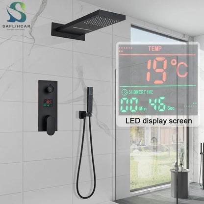 Black Bathroom Thermostatic Faucet Rainfall Waterfall Shower