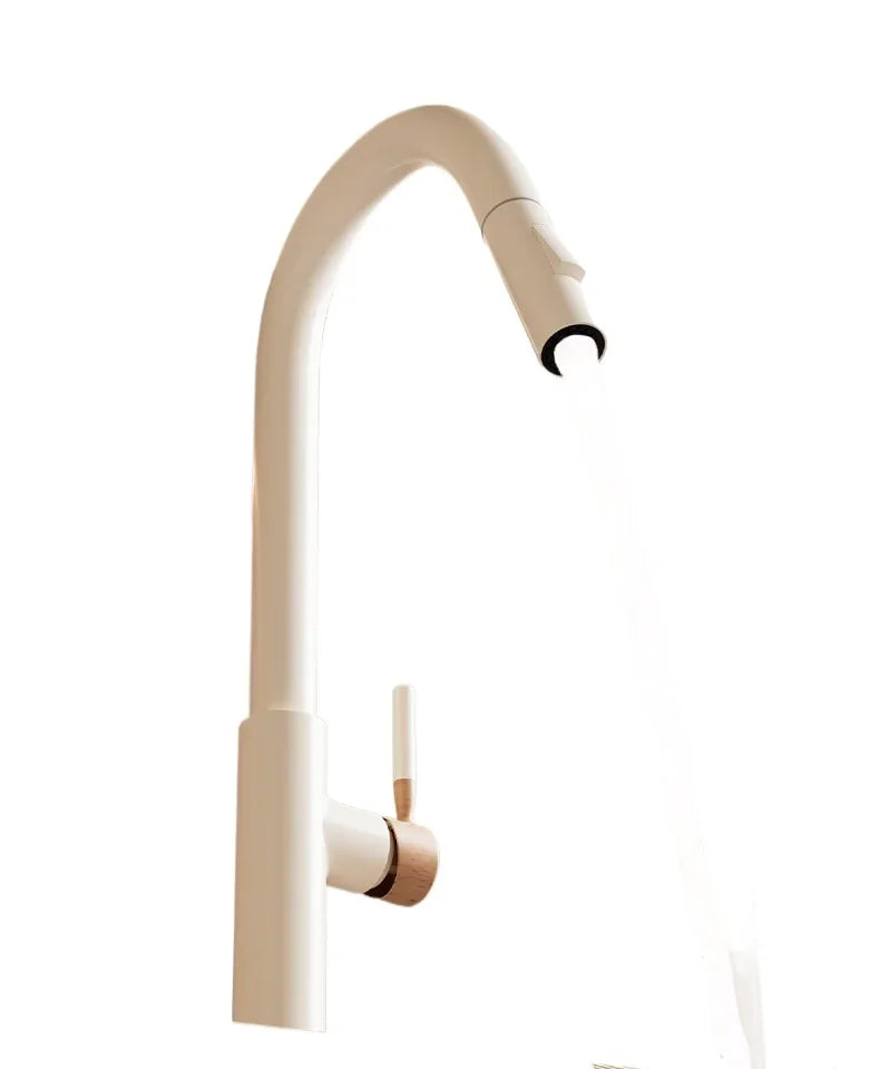 Cream Wooden Handle All Copper Faucet - Pull-Out