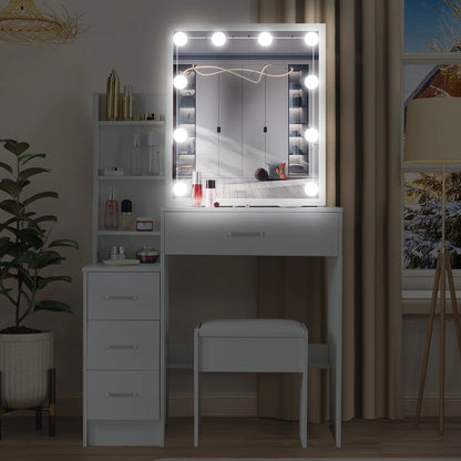 White Makeup Dressing Table W/ Lights Sliding Mirror