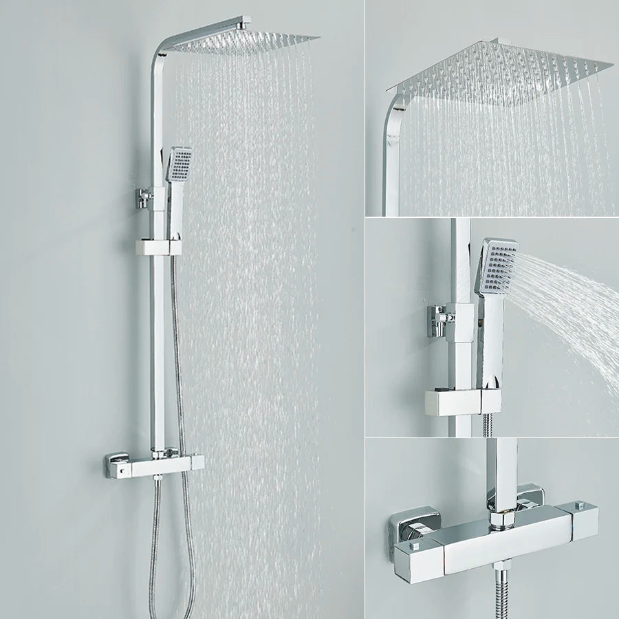 Thermostatic Chrome Shower Faucet Rainfall Headshower Handled