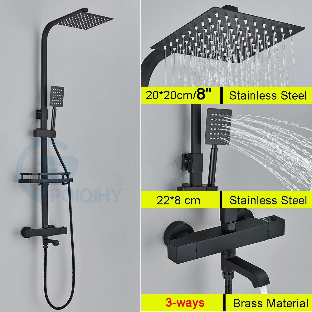Bathroom Thermostatic Shower Faucet Rainfall Head Wall Mounted