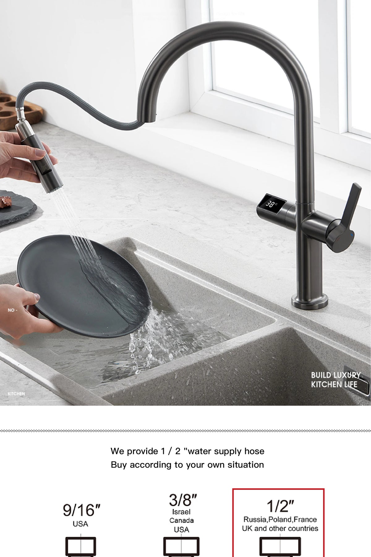 Light Luxury Gun Gray Brass Faucet Digital Display