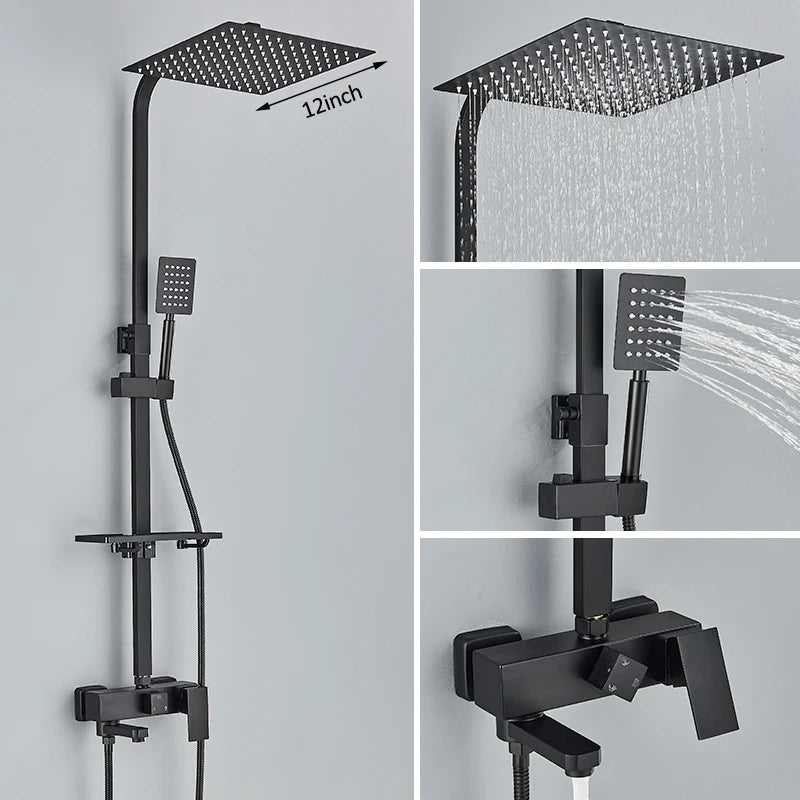 Black Chrome 3/4-Way Shower Faucet Rainfall Shower Cold