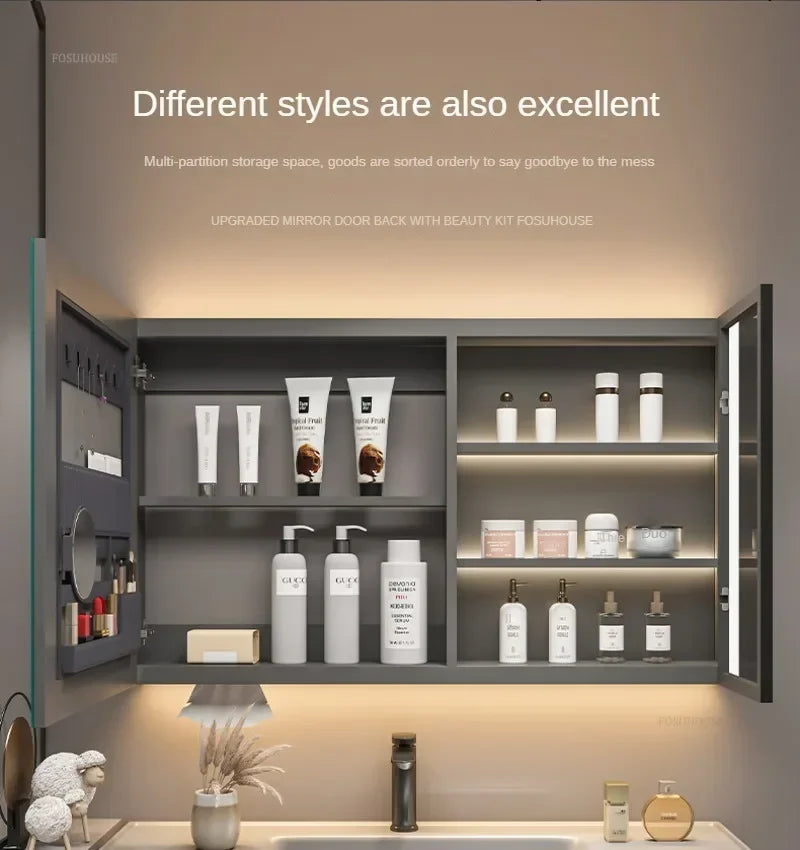 Modern Solid Wood Smart Bathroom Mirror Cabinet Light
