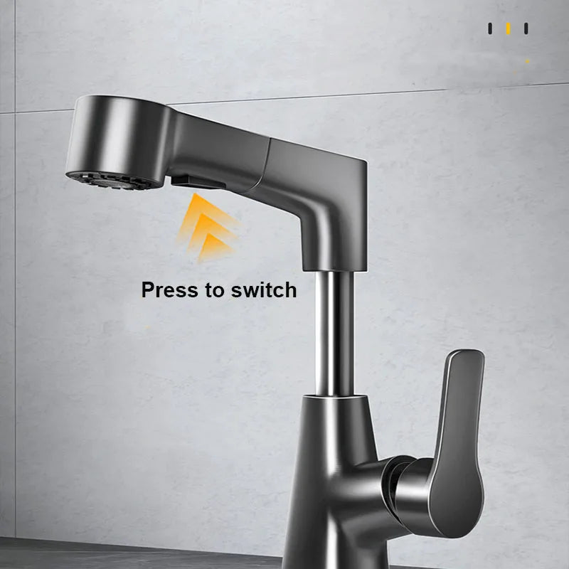 Dual-Function Pull-Down Bathroom Sink Faucet Adjustable Height