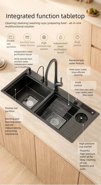 Stainless Steel Waterfall Sink Embossed Hidden Cup Washer