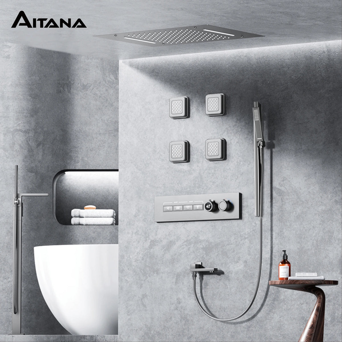 Luxury Gun Grey Brass Thermostatic Shower System Ceiling-Embedded