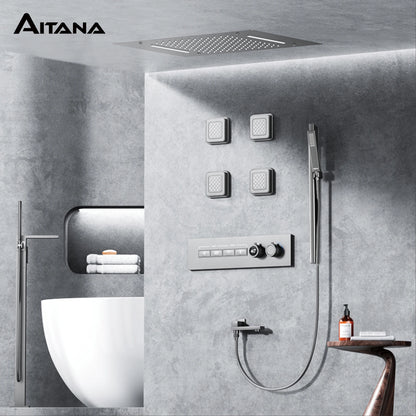 Luxury Gun Grey Brass Thermostatic Shower System Ceiling-Embedded