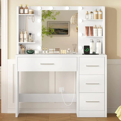 Makeup Vanity Lighted Mirror & Power Outlet Drawers