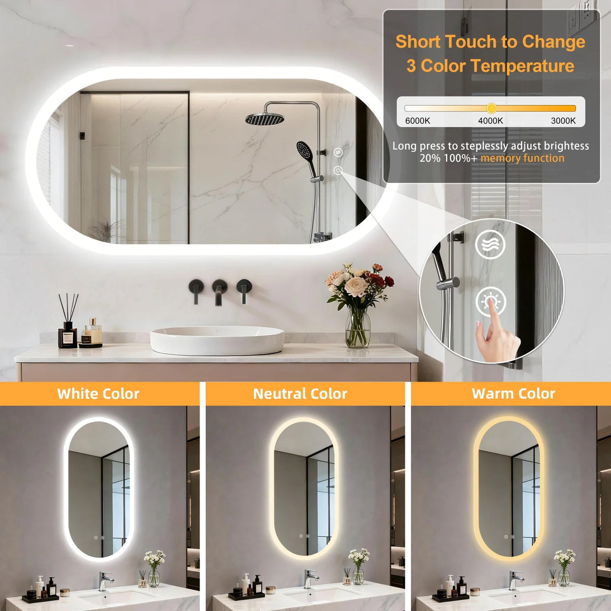 80/100/120cm Long Oval Led Bathroom Mirror Backlit Wall