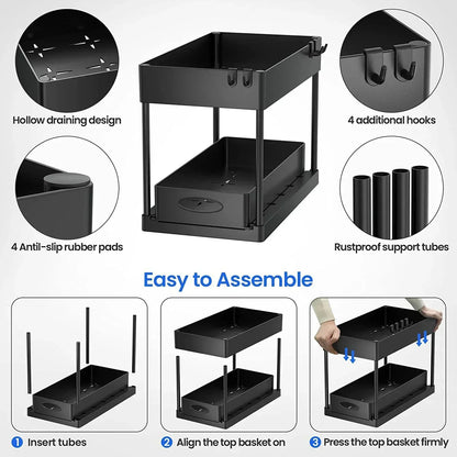 Tier Under Sink Organizer Sliding Storage Rack Hooks