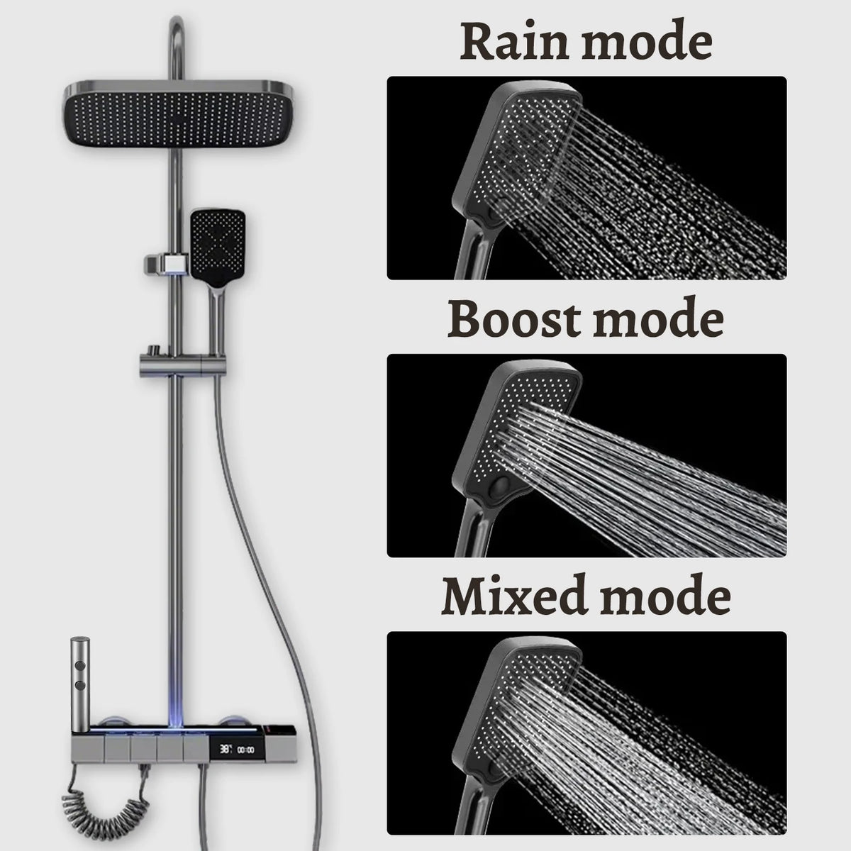 Digital Display Shower Faucet Modern Style Rainfall Bathroom