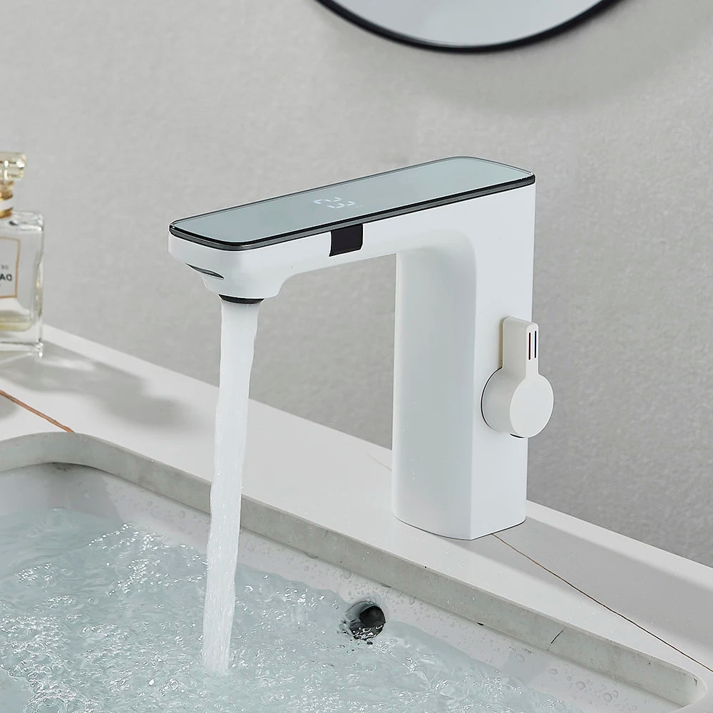 White Chrome Smart Sensor Basin Faucet Screen Digital