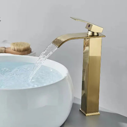 Brushed Golden Basin Faucets Elegant Waterfall Bathroom Sink