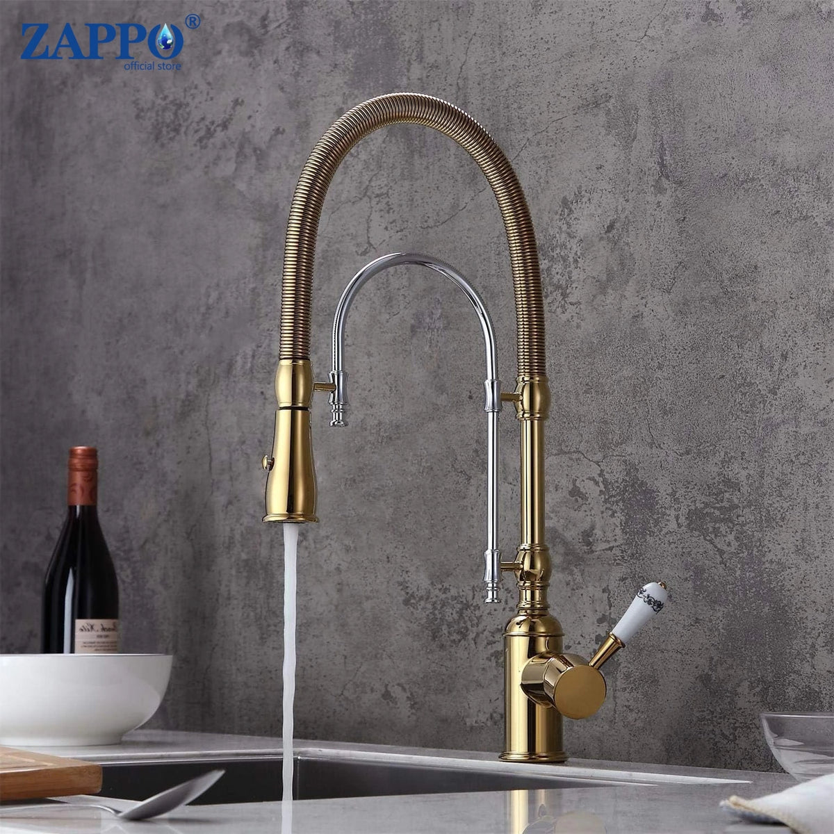 Zappo Gold Chrome Sink Faucet High Arc 360