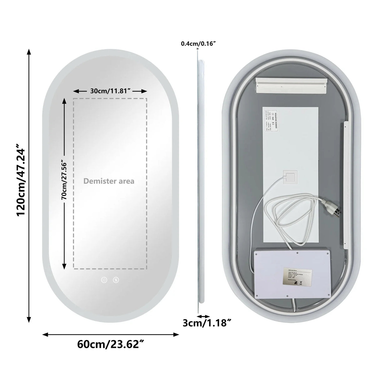 80/100/120cm Long Oval Led Bathroom Mirror Backlit Wall