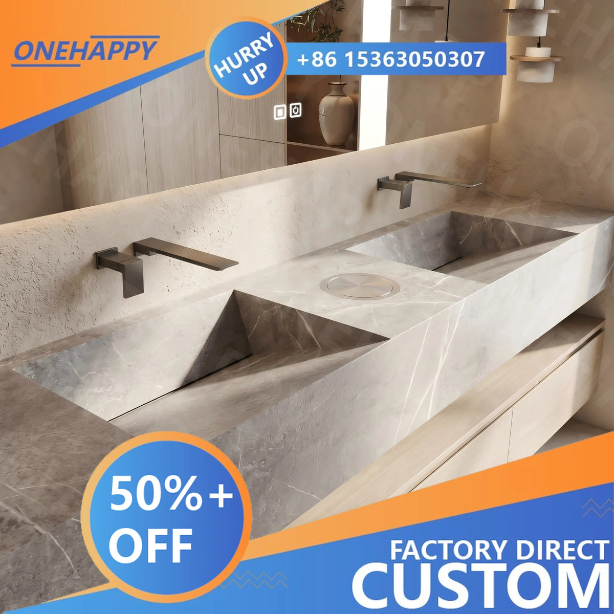 Any Size Custom Marble Seamless Stone Vanity Customizable